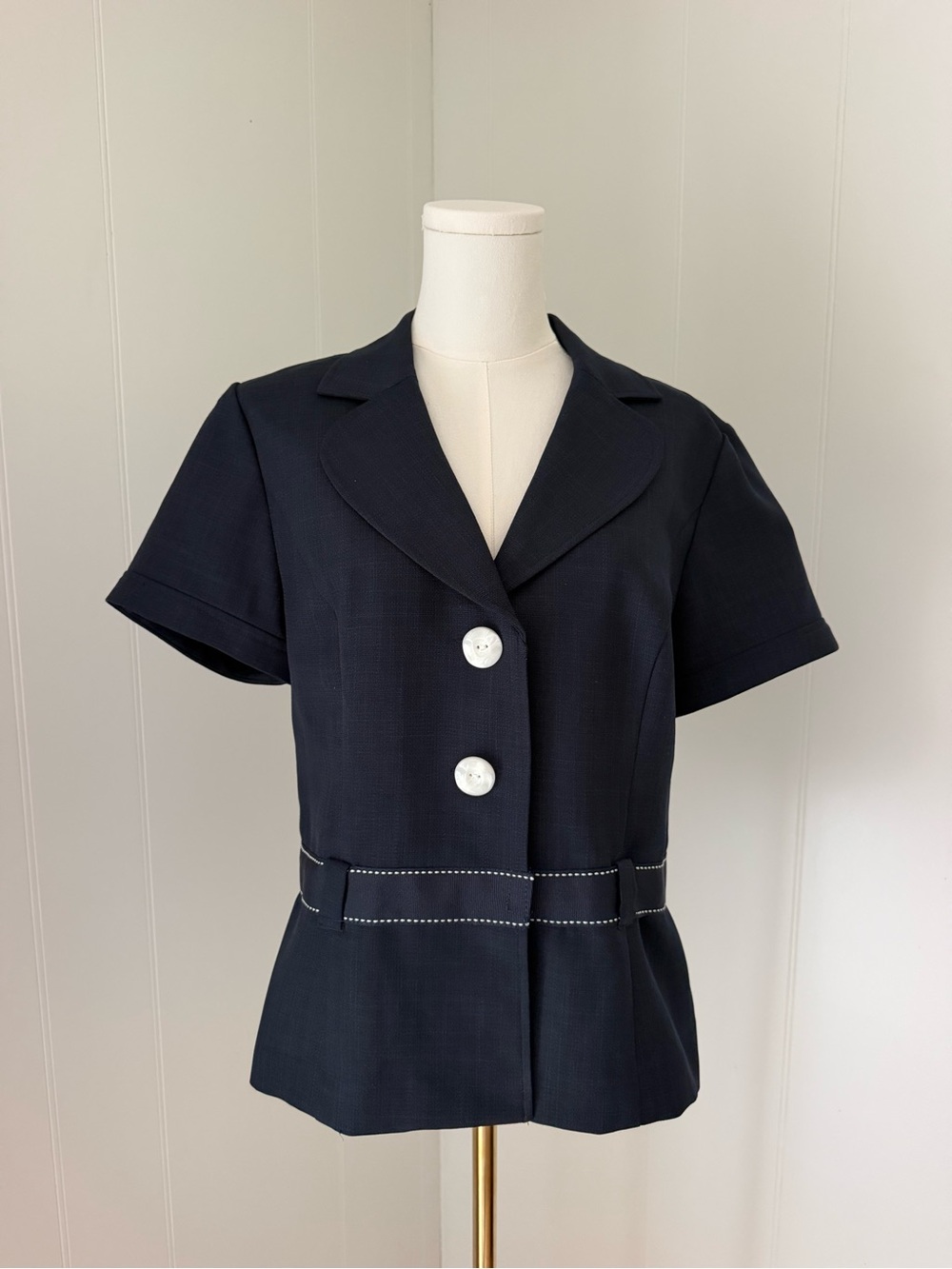 VINTAGE Navy Short-Sleeve Blazer with Contrast Stitching
